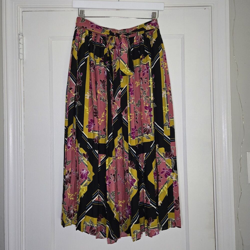 APT 9 Tie Waist Pleated Midi Skirt Womens S Boho Mixed Print Cottagecore